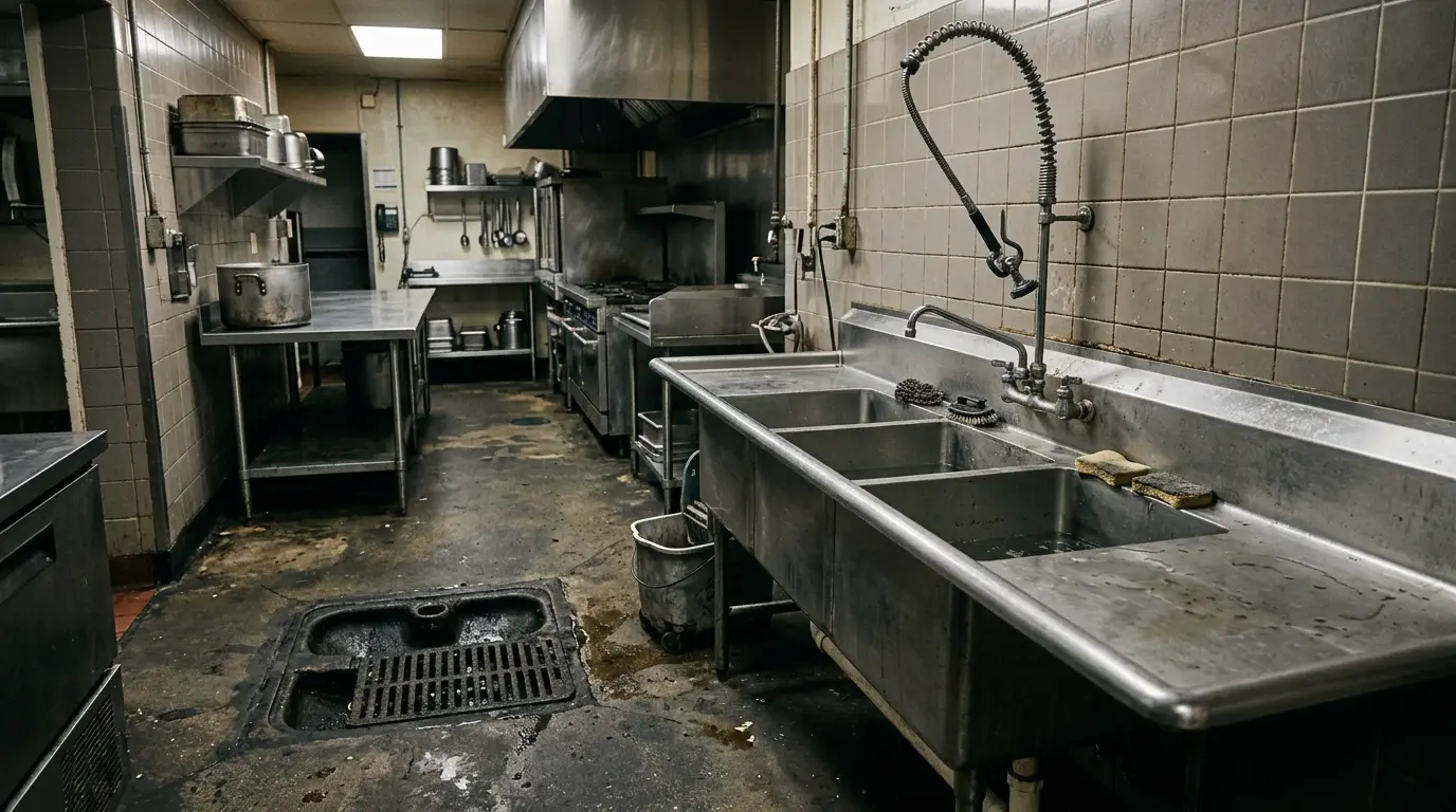 Stainless steel prep sinks and a floor sink in an empty commercial kitchen