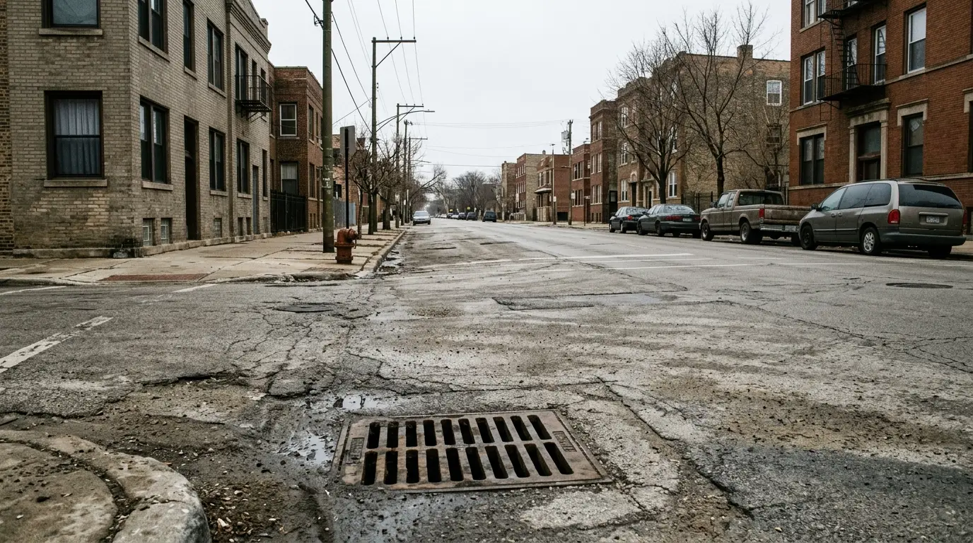 A wide flat street with a catch basin in the foreground and water pooling around the grate