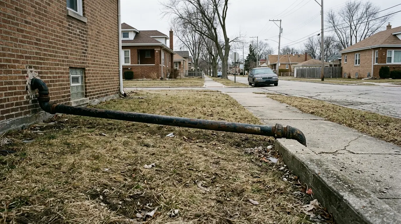 A sump discharge line carried well clear of the foundation across a suburban lawn