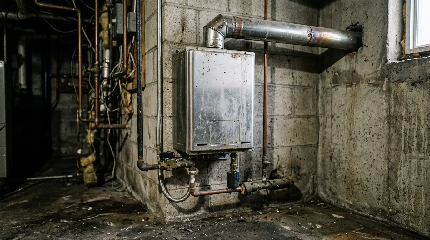A wall-hung tankless unit with stainless vent and gas connections in a basement utility corner