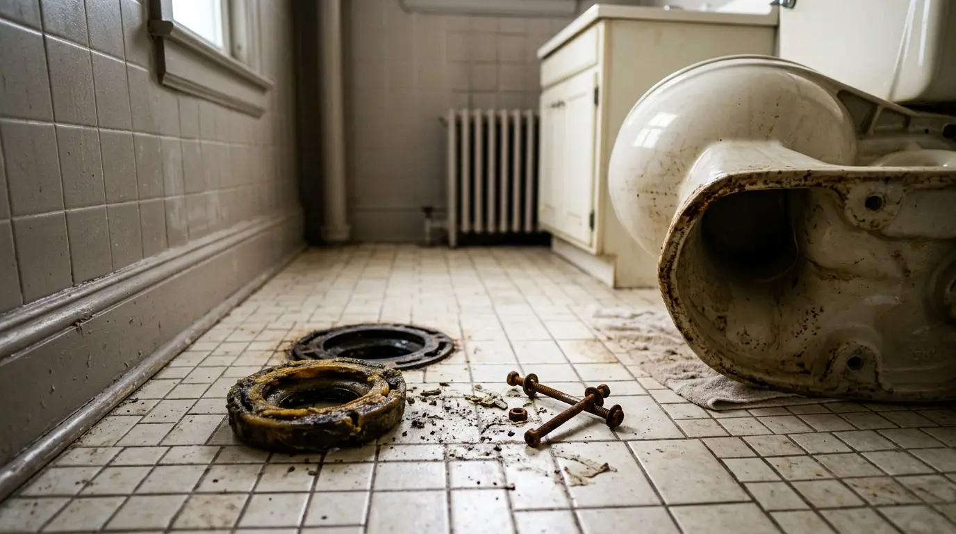 A toilet lifted off its floor flange with the old wax ring and closet bolts on the tile