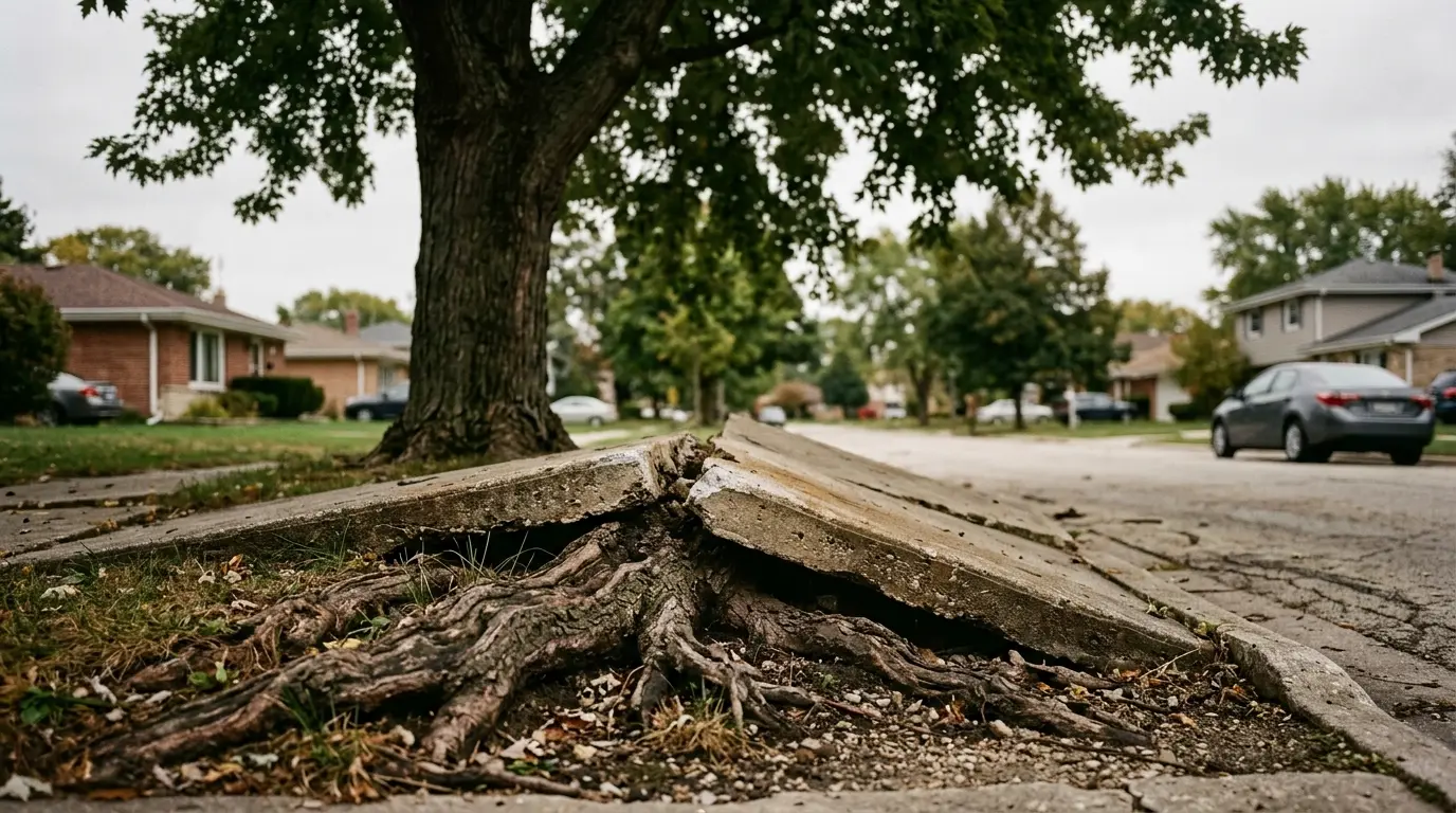 Surface roots from a parkway shade tree lifting and cracking a sidewalk slab
