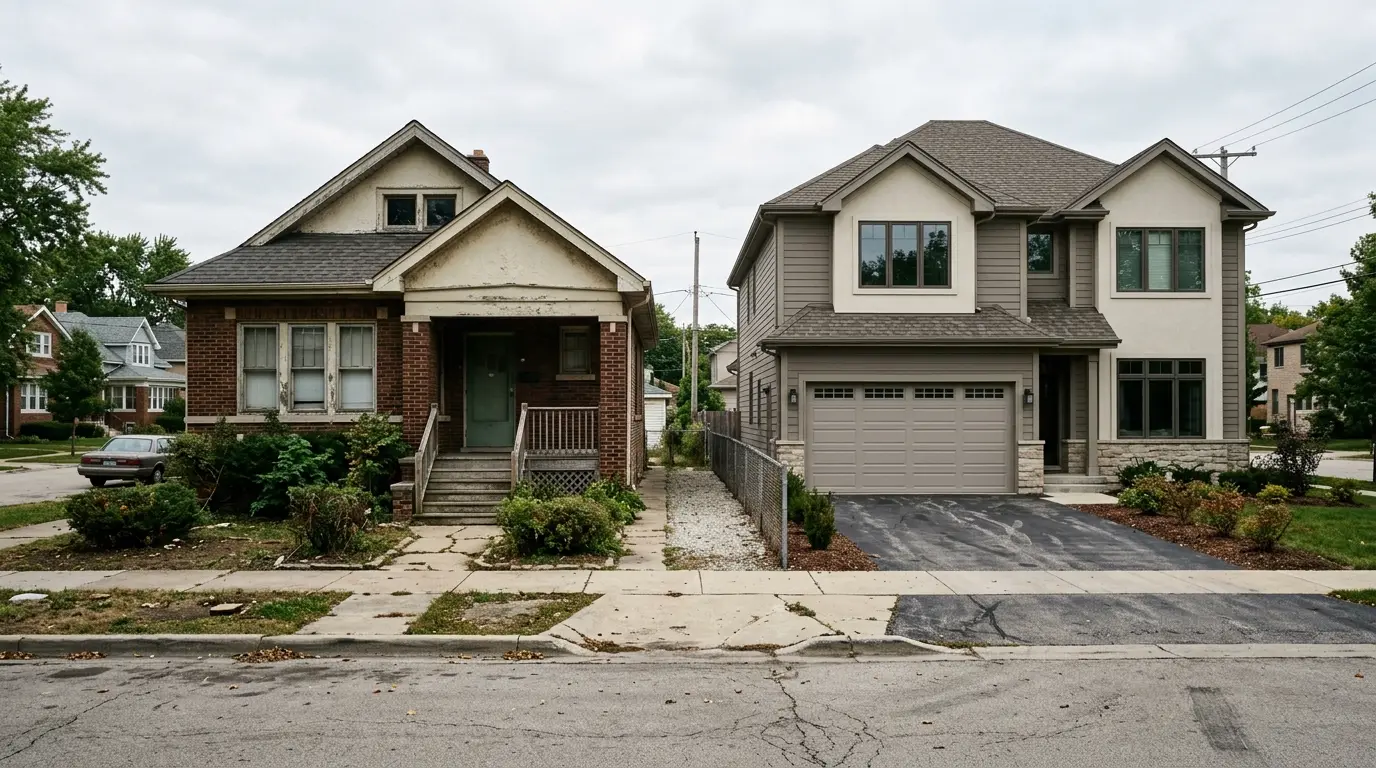 Two houses of different vintages side by side, the split that decides what plumbing work a Will County address needs