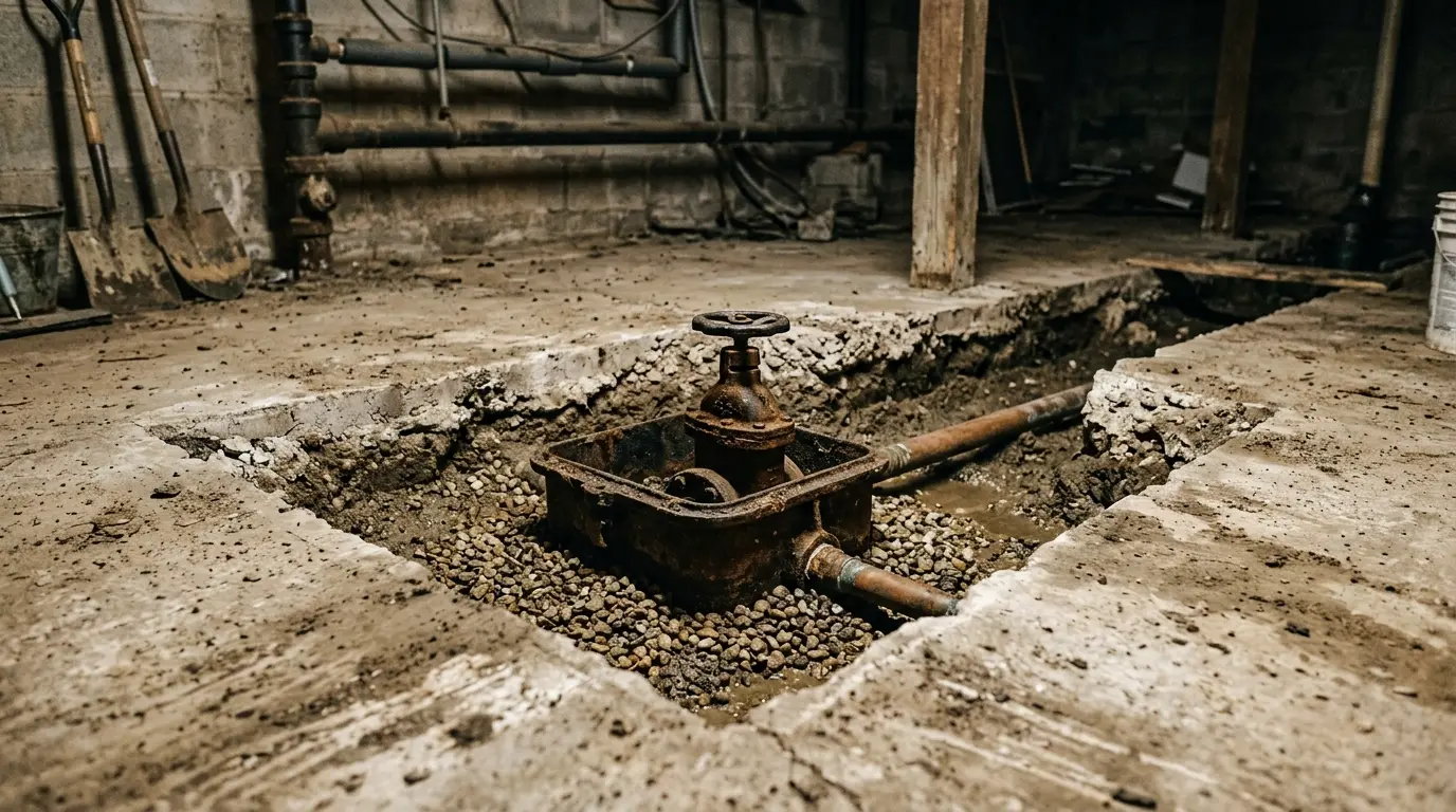 A valve chamber set in gravel bedding in a basement floor cut open for the installation
