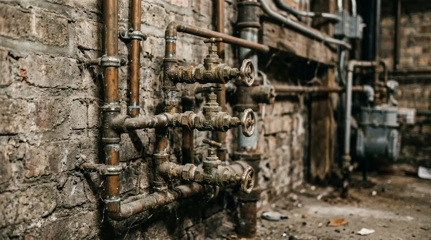Stacked shutoff valves and branch tees on a brick wall in a shared basement