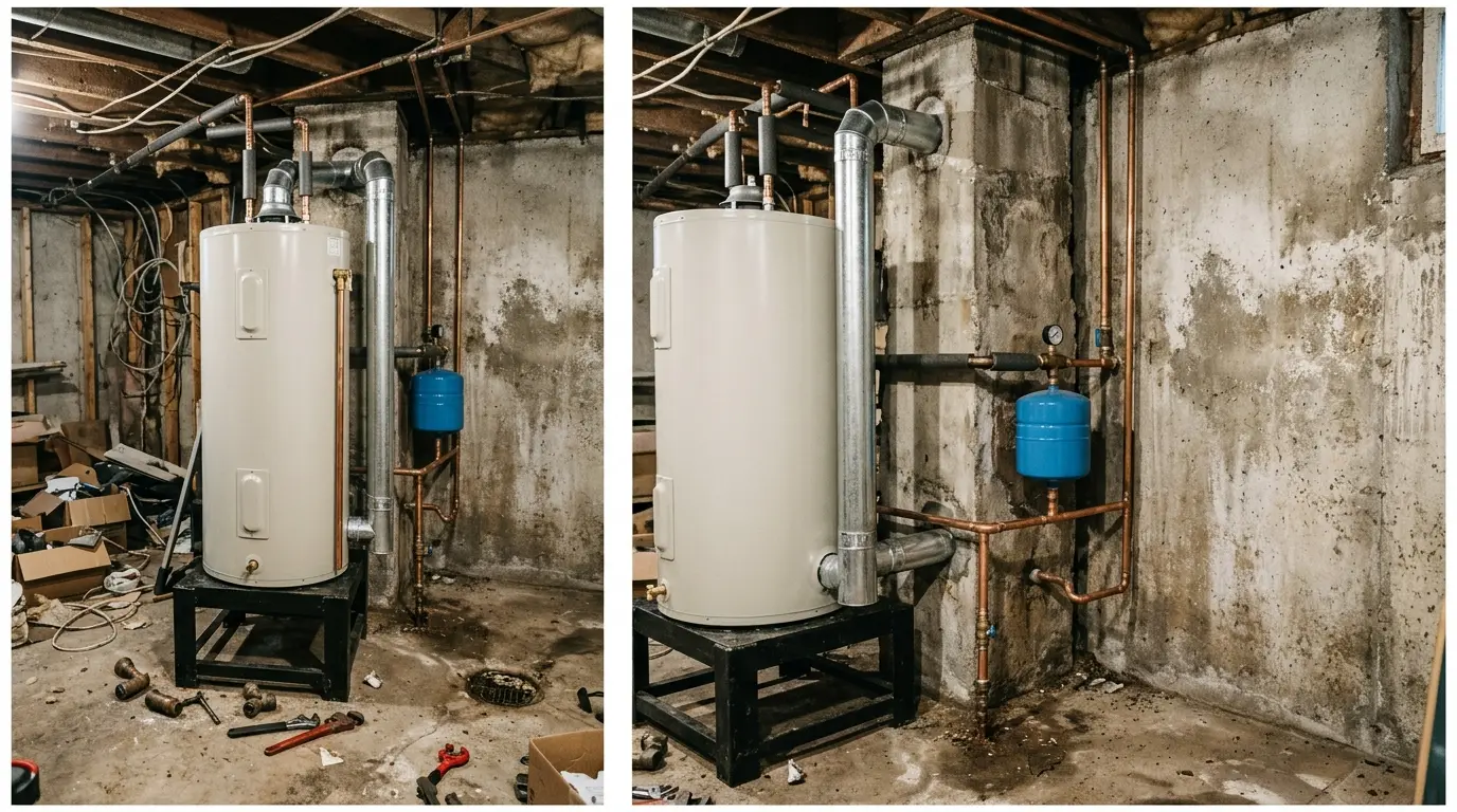 A new water heater on a stand beside its flue and expansion tank in an unfinished basement