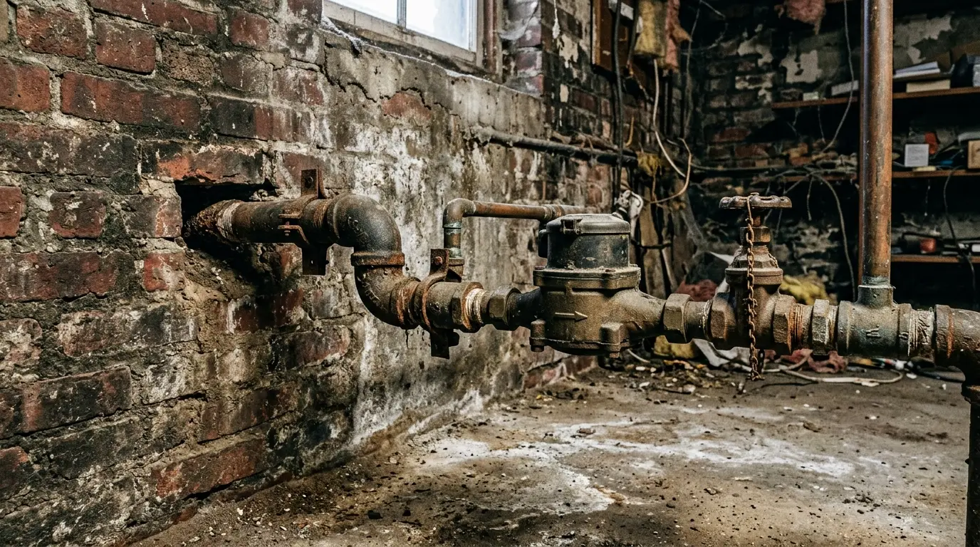 The water service line entering a basement through the foundation wall, with the meter and main shutoff immediately inside