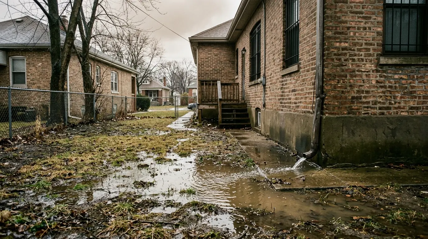 Rainwater pooling against a house foundation after a storm, the surface condition behind many wet basements