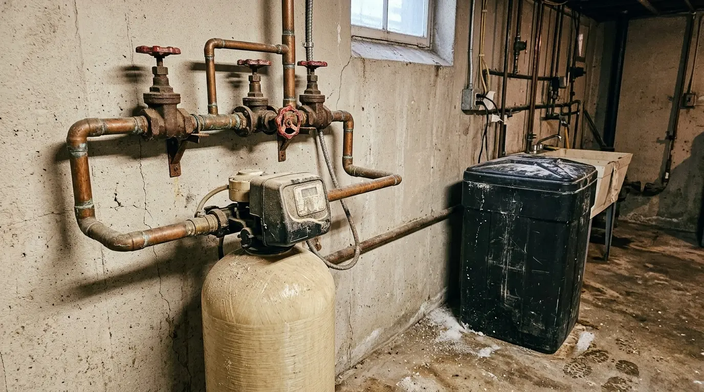 A softener and brine tank in a utility room with bypass valves plumbed on the wall above