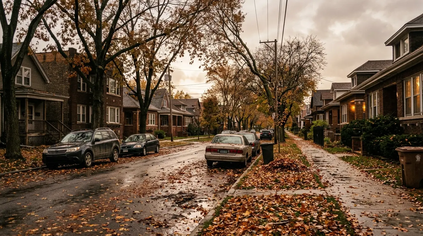A North Shore street under mature canopy in autumn, the same root systems that find sewer laterals