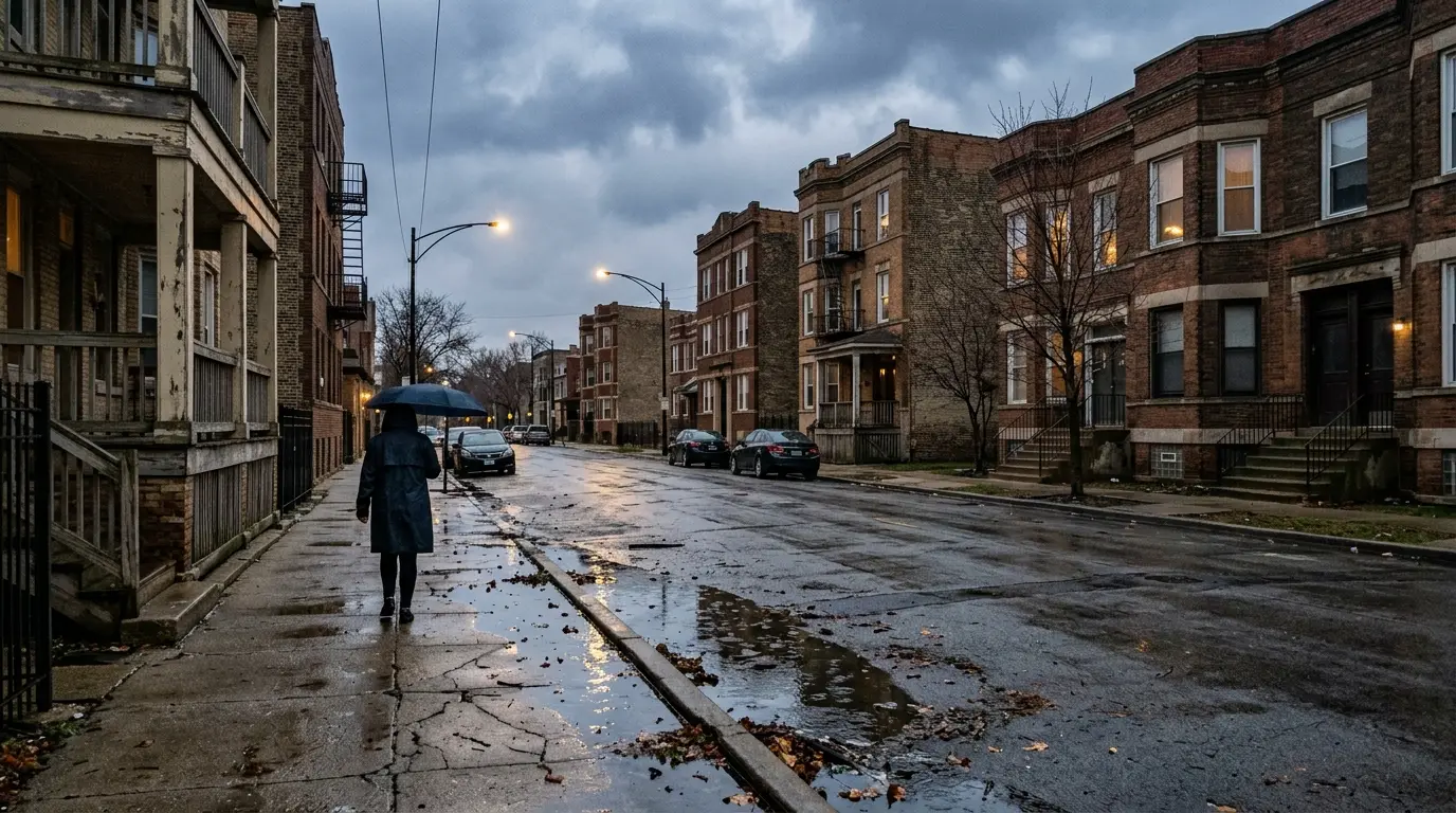 A residential street of brick two-flats at dusk after heavy rain, water standing along the kerb