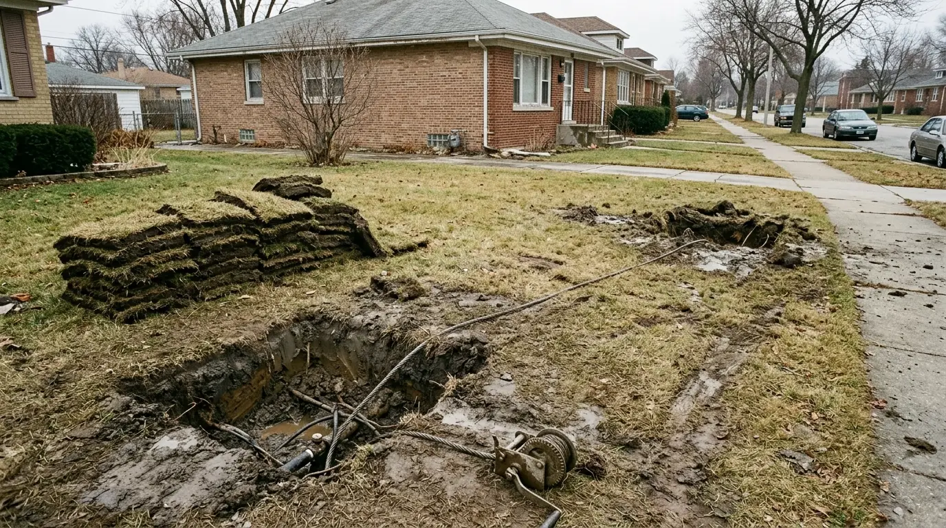 A winch and cable running between two small access pits in a front lawn, sod stacked to one side