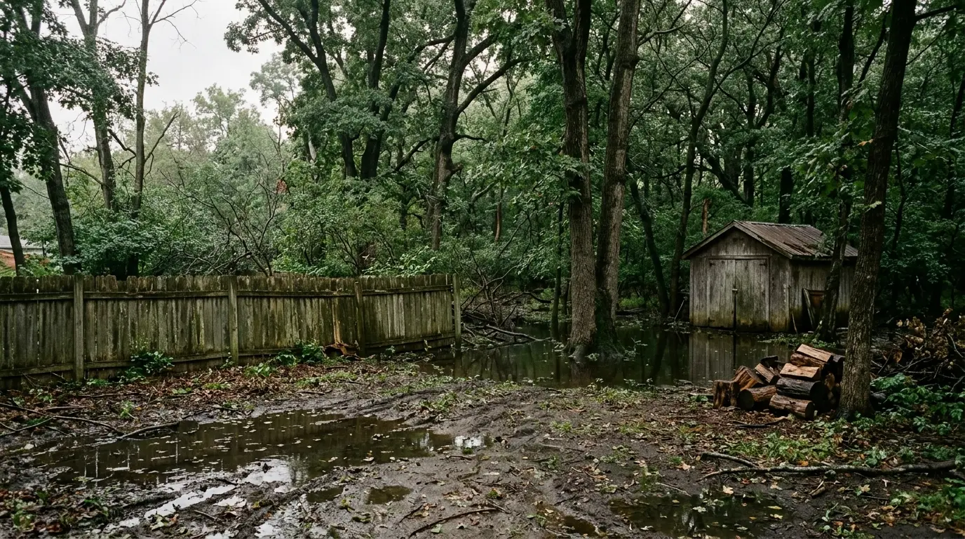 A wooded lot with a low-lying yard holding standing water after rain