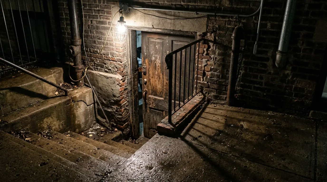 A basement doorway at night with a work light throwing a hard shadow across wet concrete
